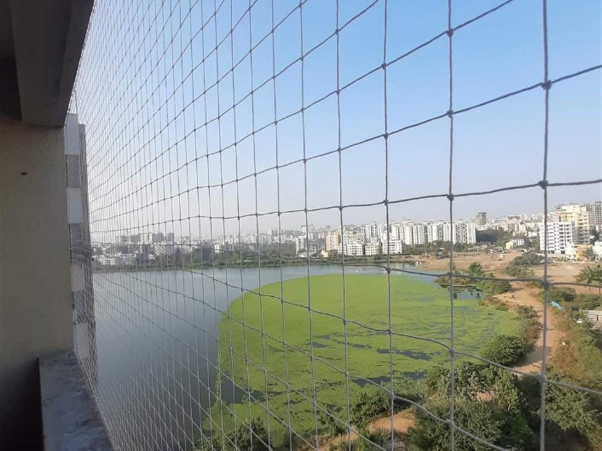 Pigeon net installed on a balcony overlooking a lake